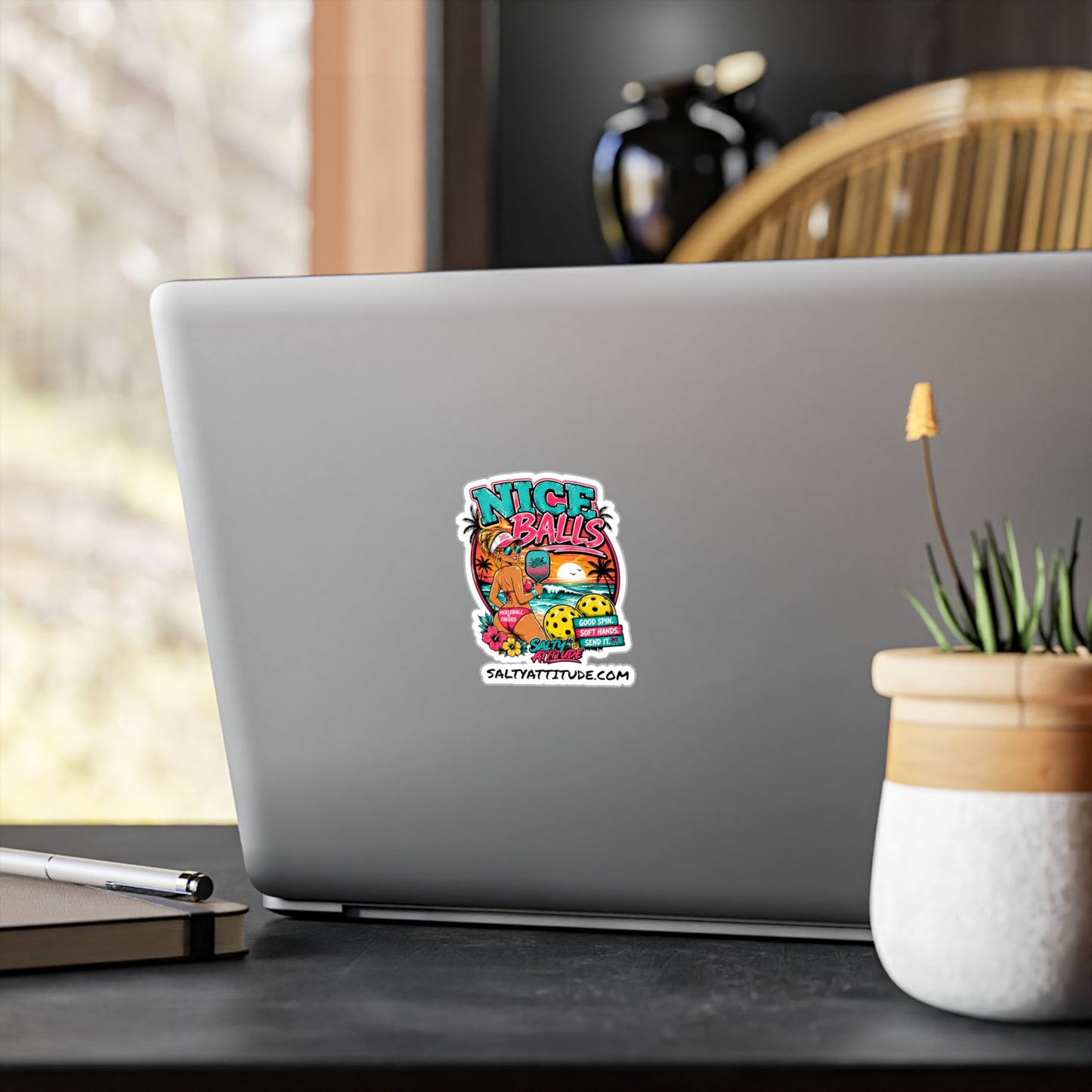 Kiss-Cut Vinyl Decal — 'Nice Balls' Pickleball Sticker (Beach Vibes, Retro Sunset)
