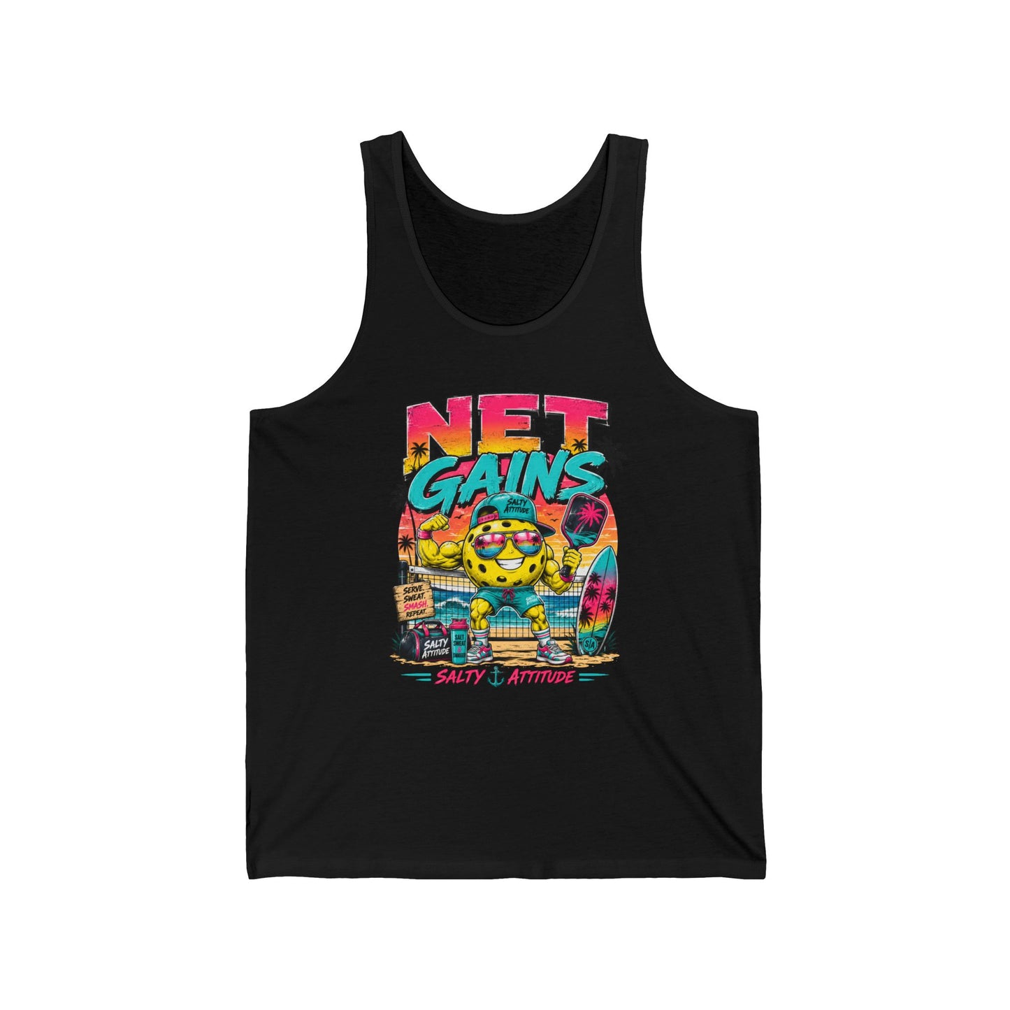Net Gains Tank Top — Retro Beach Surf Workout Graphic Tank
