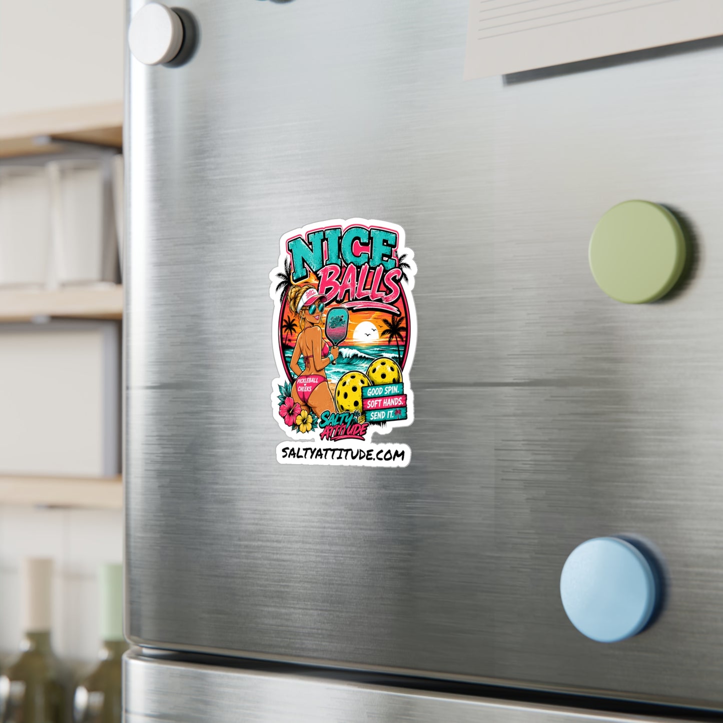 Kiss-Cut Vinyl Decal — 'Nice Balls' Pickleball Sticker (Beach Vibes, Retro Sunset)