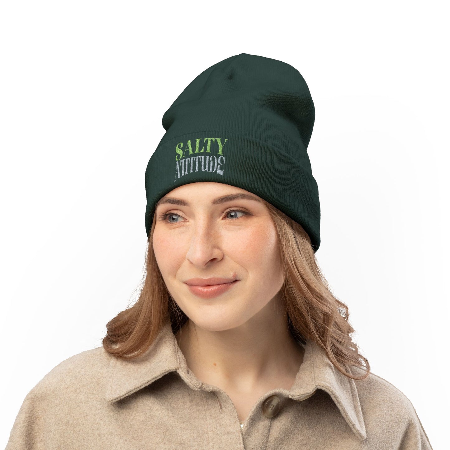Embroidered Palm Wave Knit Beanie — Tropical Surf Cuffed Hat
