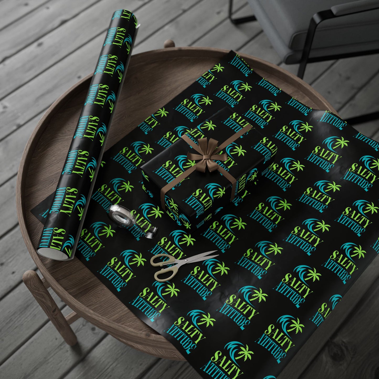 Wrapping Paper — Neon Retro Skate Pattern on Black (Holiday Gift Wrap)