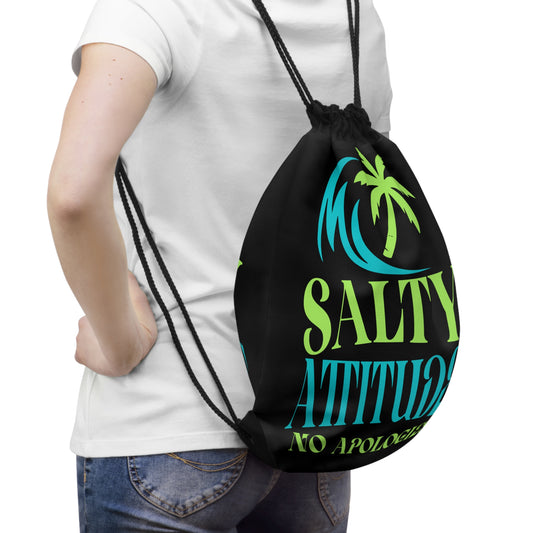 Salty Attitude Drawstring Bag — Beach Palm & Wave Gym Sack (No Apologies)