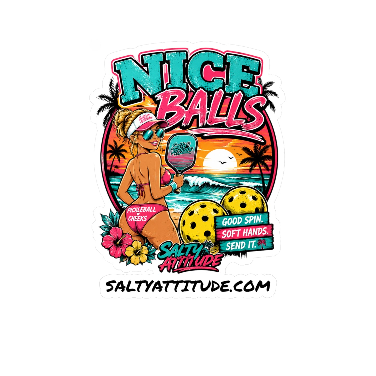 Kiss-Cut Vinyl Decal — 'Nice Balls' Pickleball Sticker (Beach Vibes, Retro Sunset)