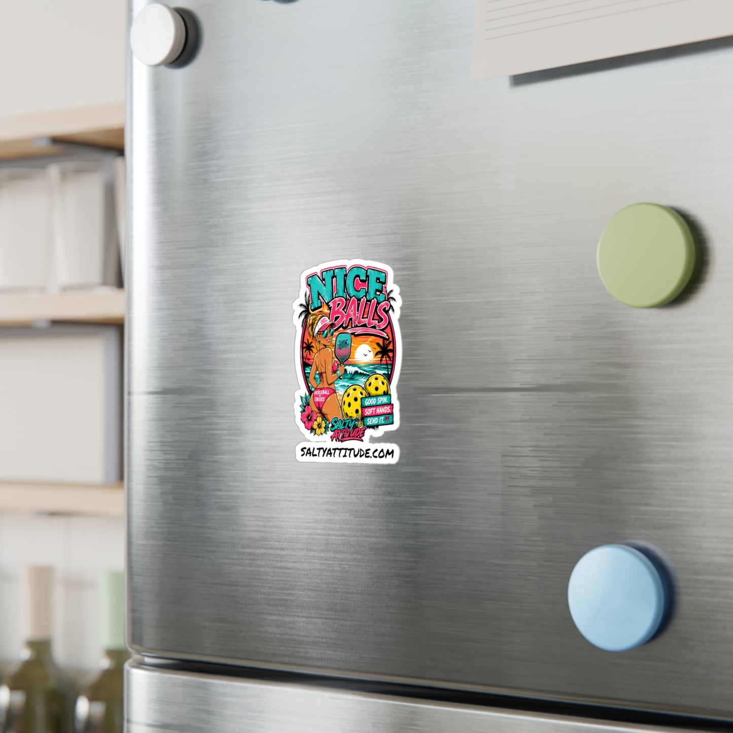 Kiss-Cut Vinyl Decal — 'Nice Balls' Pickleball Sticker (Beach Vibes, Retro Sunset)