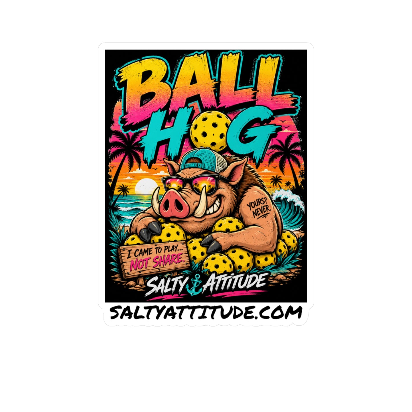 Ball Hog Pickleball Sticker — Retro Beach Boar Kiss-Cut Vinyl Decal