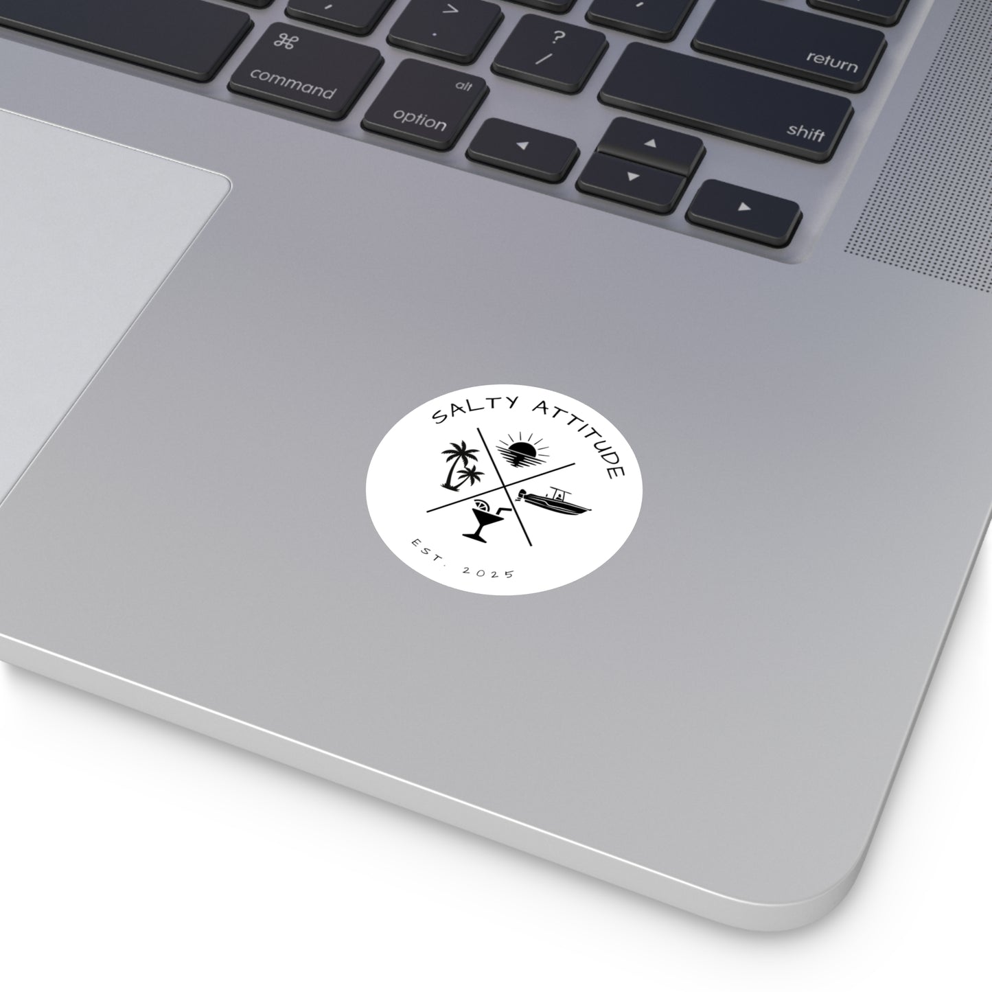 Salty Attitude Round Sticker — Beach Boat Palm Tree Cocktail Vinyl Decal (Indoor/Outdoor)