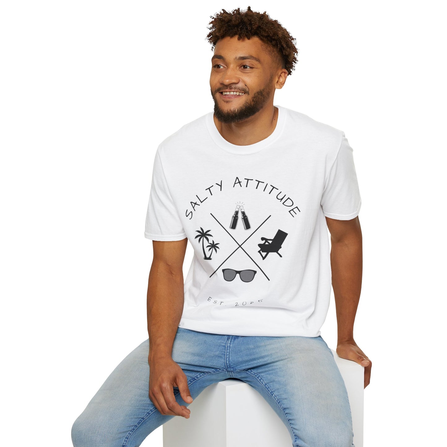 Salty Attitude Beach T-Shirt — Coastal Vacation Shirt with Sunglasses & Palm Icons