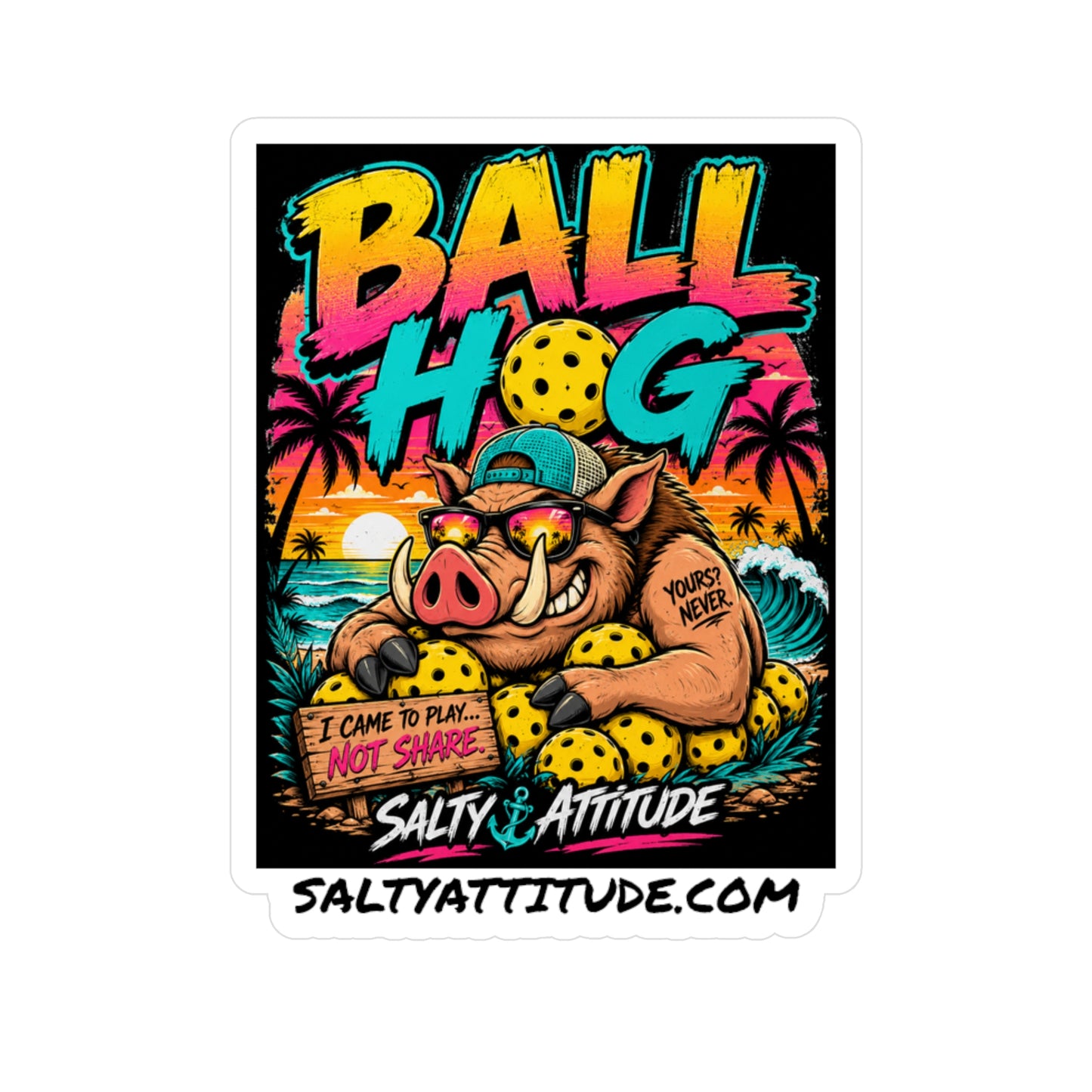 Ball Hog Pickleball Sticker — Retro Beach Boar Kiss-Cut Vinyl Decal