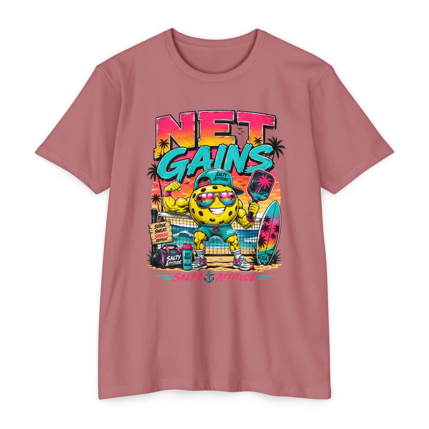 Net Gains Surf T-Shirt — 'Salty Attitude' Retro Beach Graphic Tee