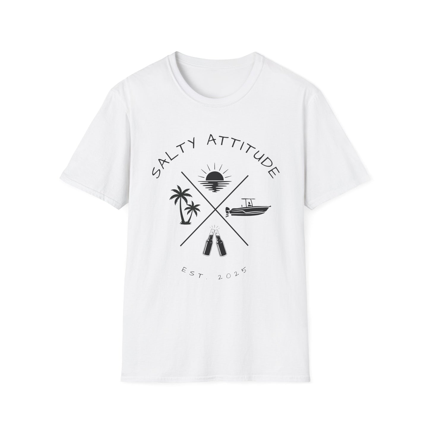 Salty Attitude Beach T-Shirt — Coastal Vacation Shirt with Boat & Palm Icons