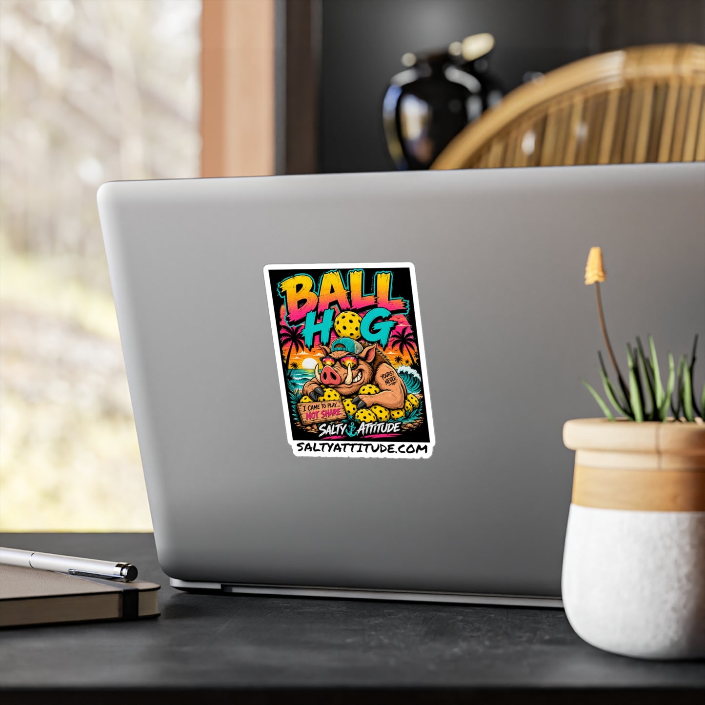 Ball Hog Pickleball Sticker — Retro Beach Boar Kiss-Cut Vinyl Decal