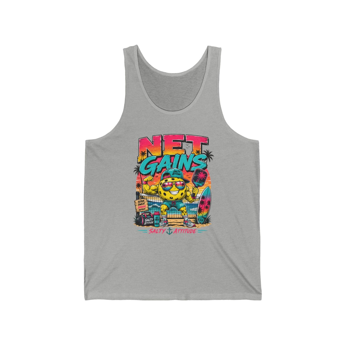 Net Gains Tank Top — Retro Beach Surf Workout Graphic Tank