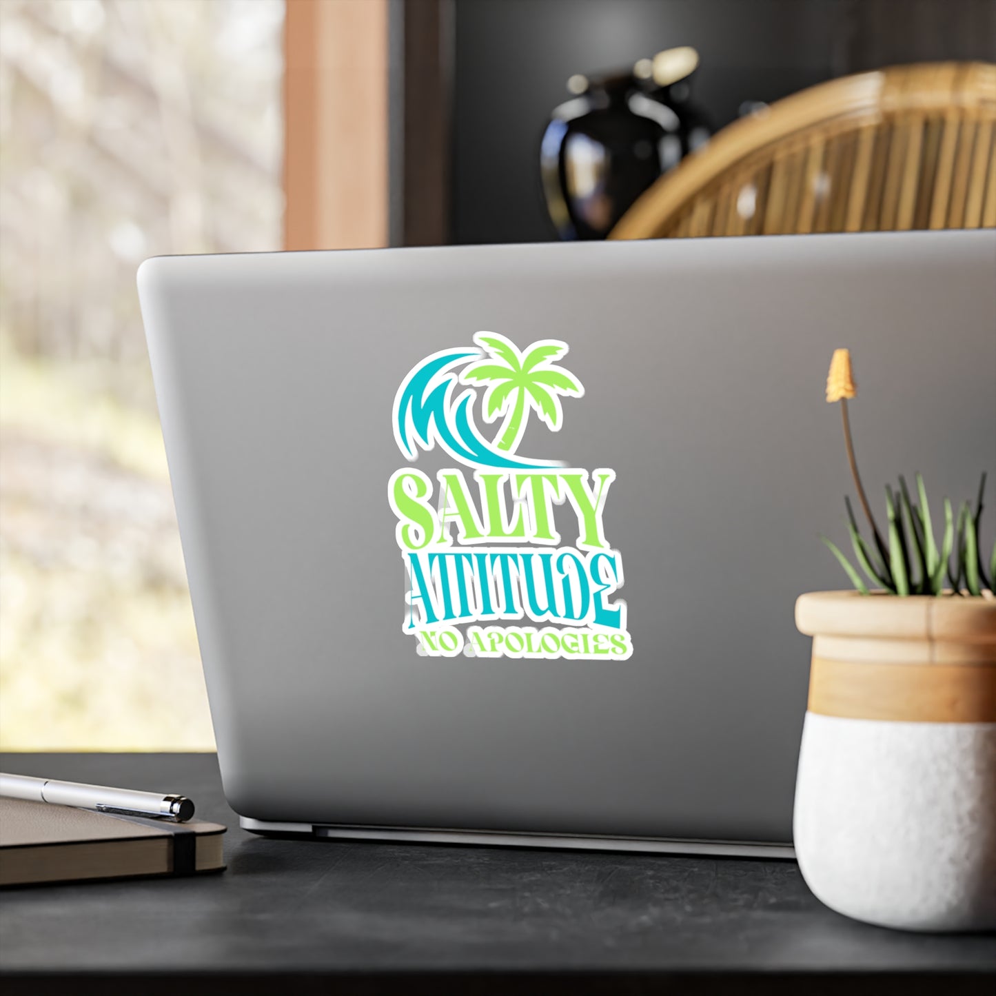 Salty Attitude Vinyl Sticker — Tropical Palm Wave "No Apologies" Kiss-Cut Decal