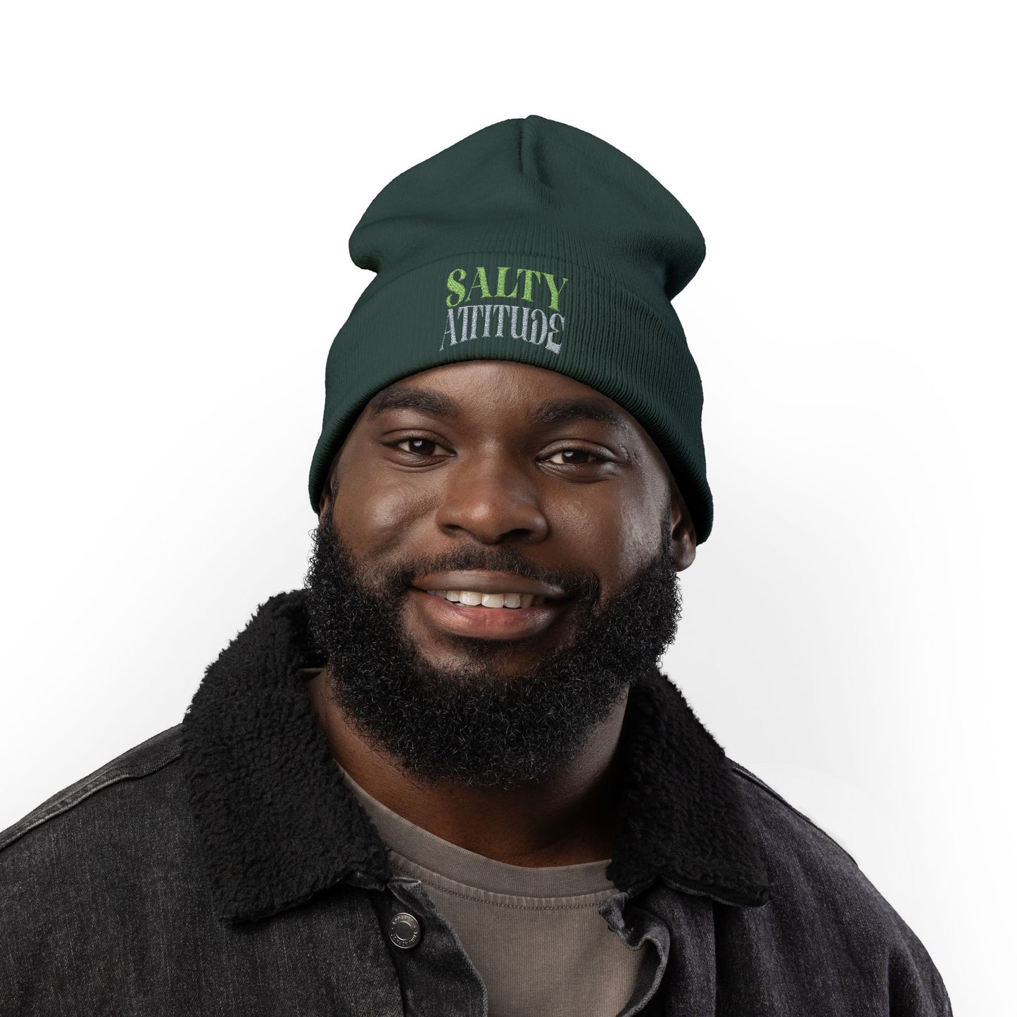 Embroidered Palm Wave Knit Beanie — Tropical Surf Cuffed Hat