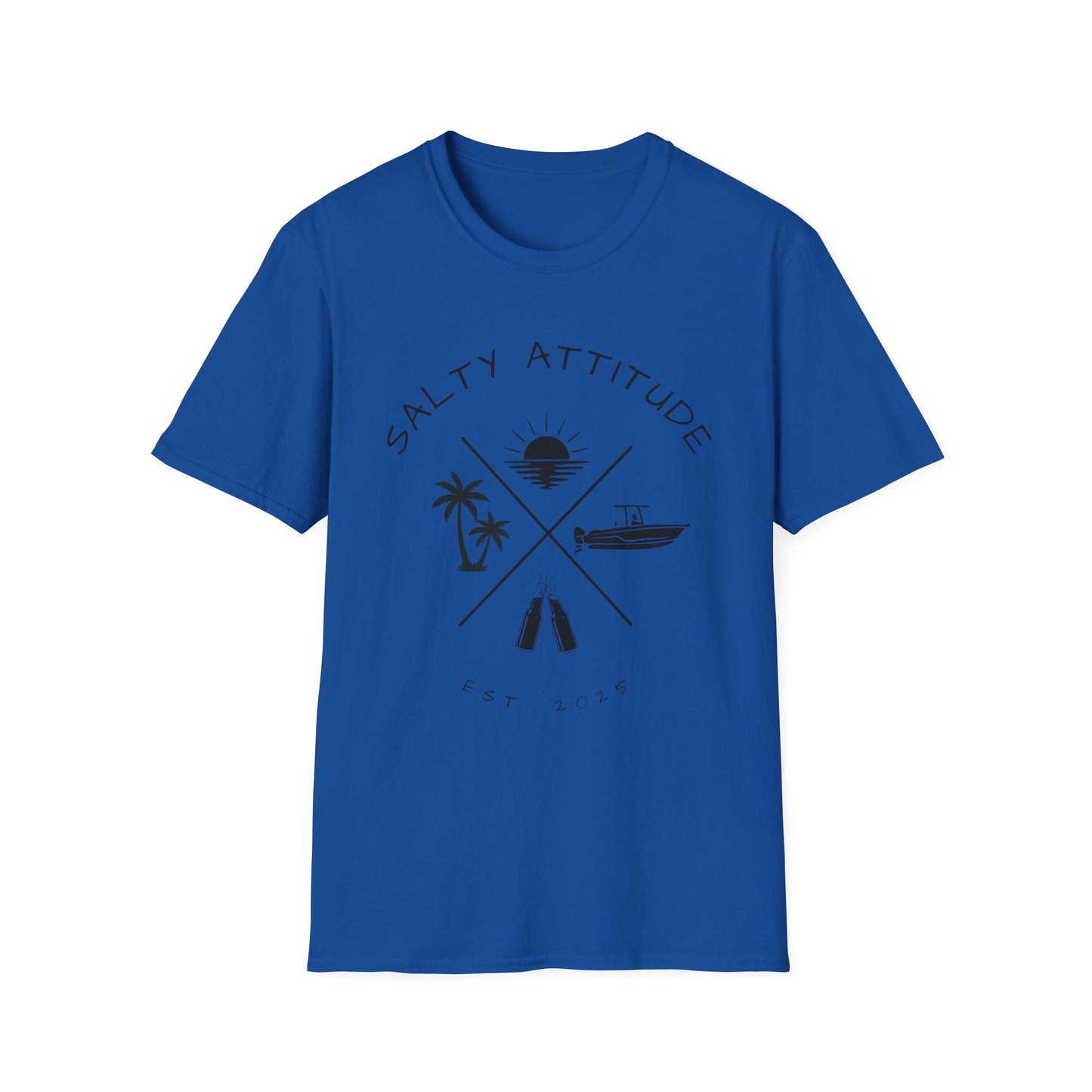 Salty Attitude Beach T-Shirt — Coastal Vacation Shirt with Boat & Palm Icons