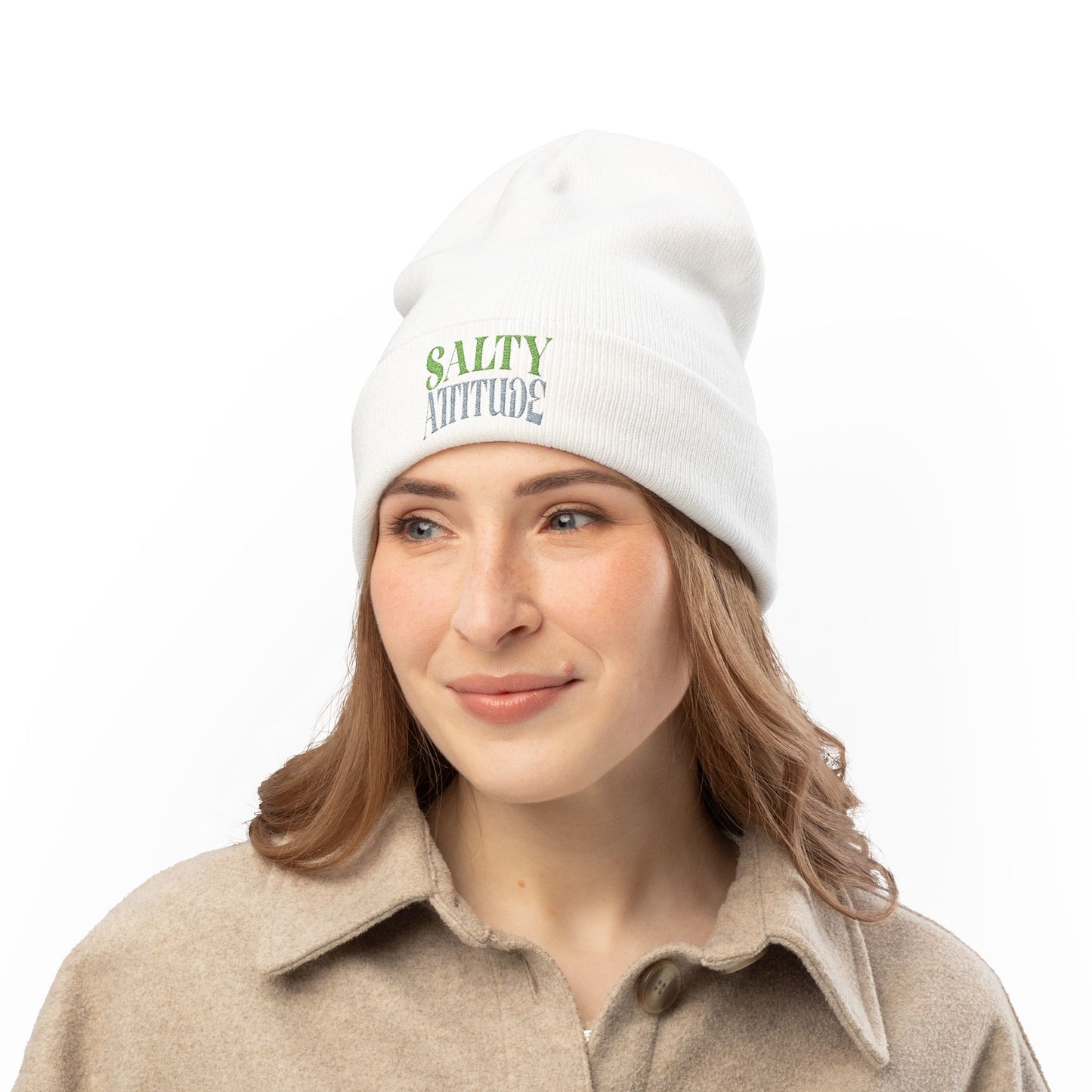 Embroidered Palm Wave Knit Beanie — Tropical Surf Cuffed Hat