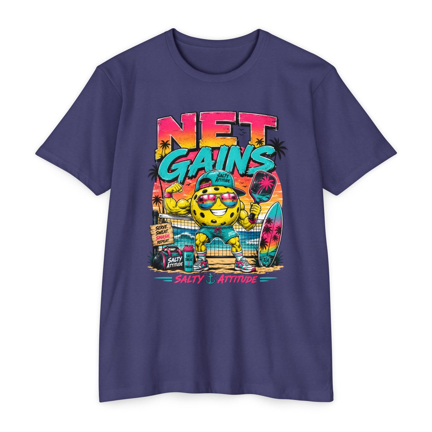 Net Gains Surf T-Shirt — 'Salty Attitude' Retro Beach Graphic Tee