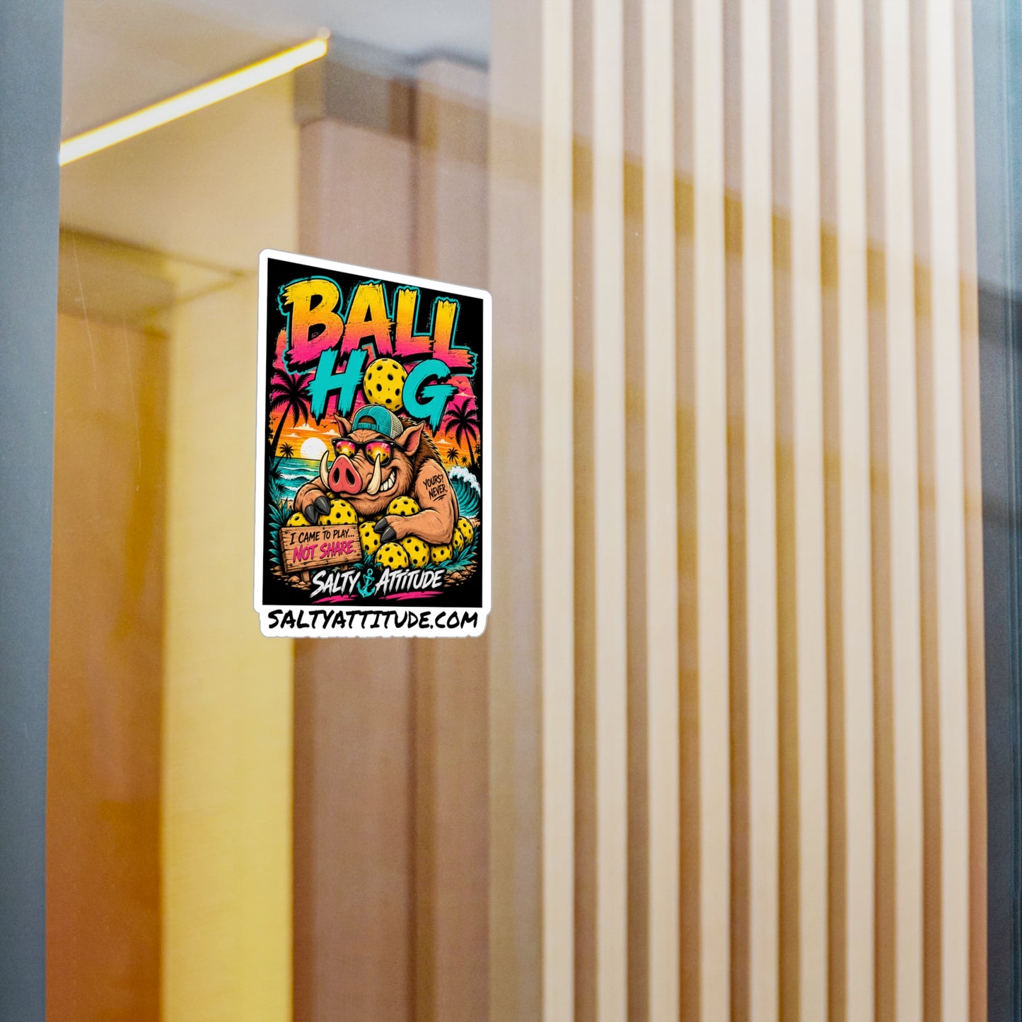 Ball Hog Pickleball Sticker — Retro Beach Boar Kiss-Cut Vinyl Decal