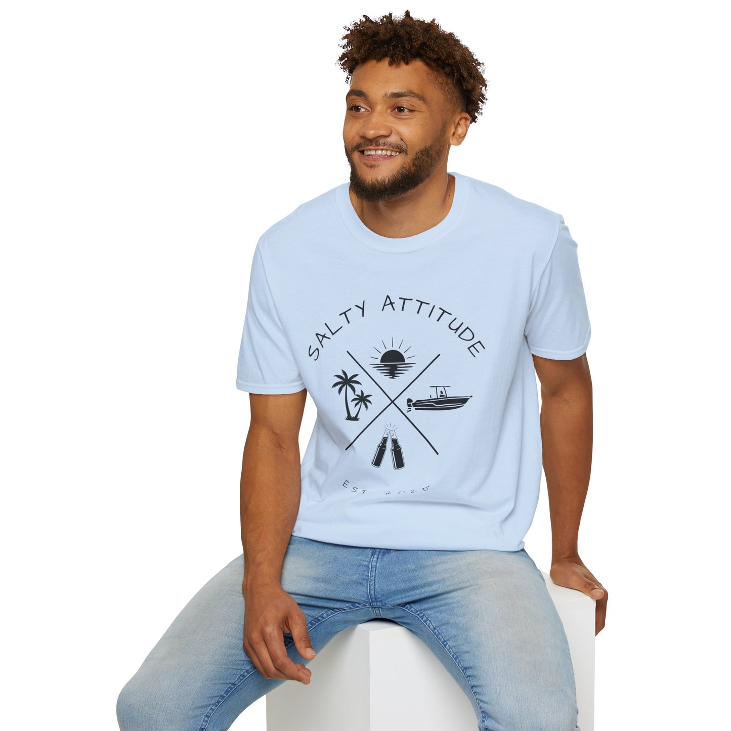 Salty Attitude Beach T-Shirt — Coastal Vacation Shirt with Boat & Palm Icons