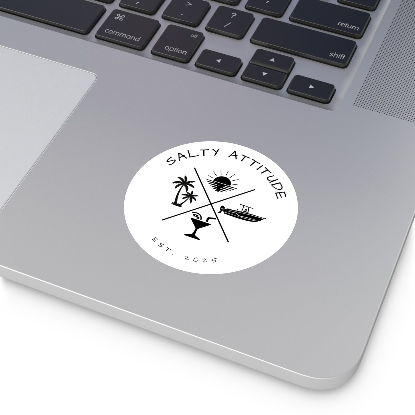Salty Attitude Round Sticker — Beach Boat Palm Tree Cocktail Vinyl Decal (Indoor/Outdoor)