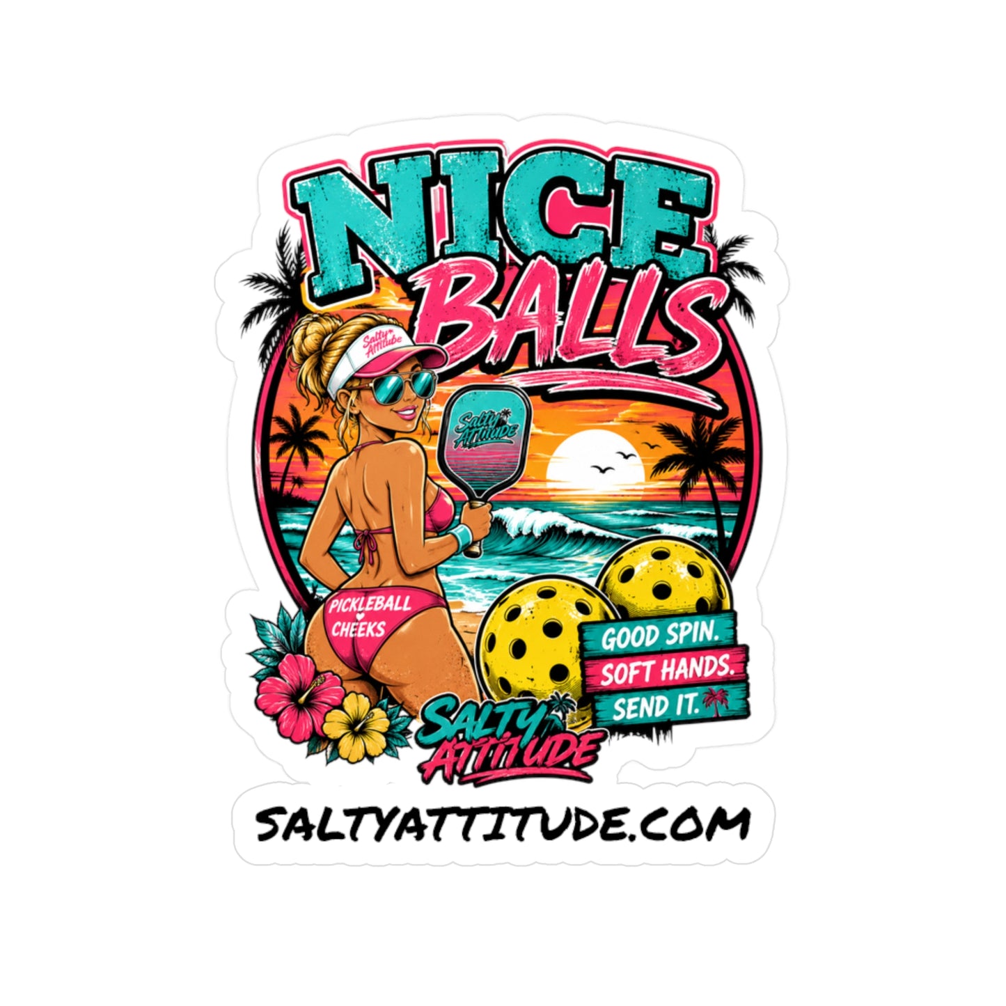 Kiss-Cut Vinyl Decal — 'Nice Balls' Pickleball Sticker (Beach Vibes, Retro Sunset)