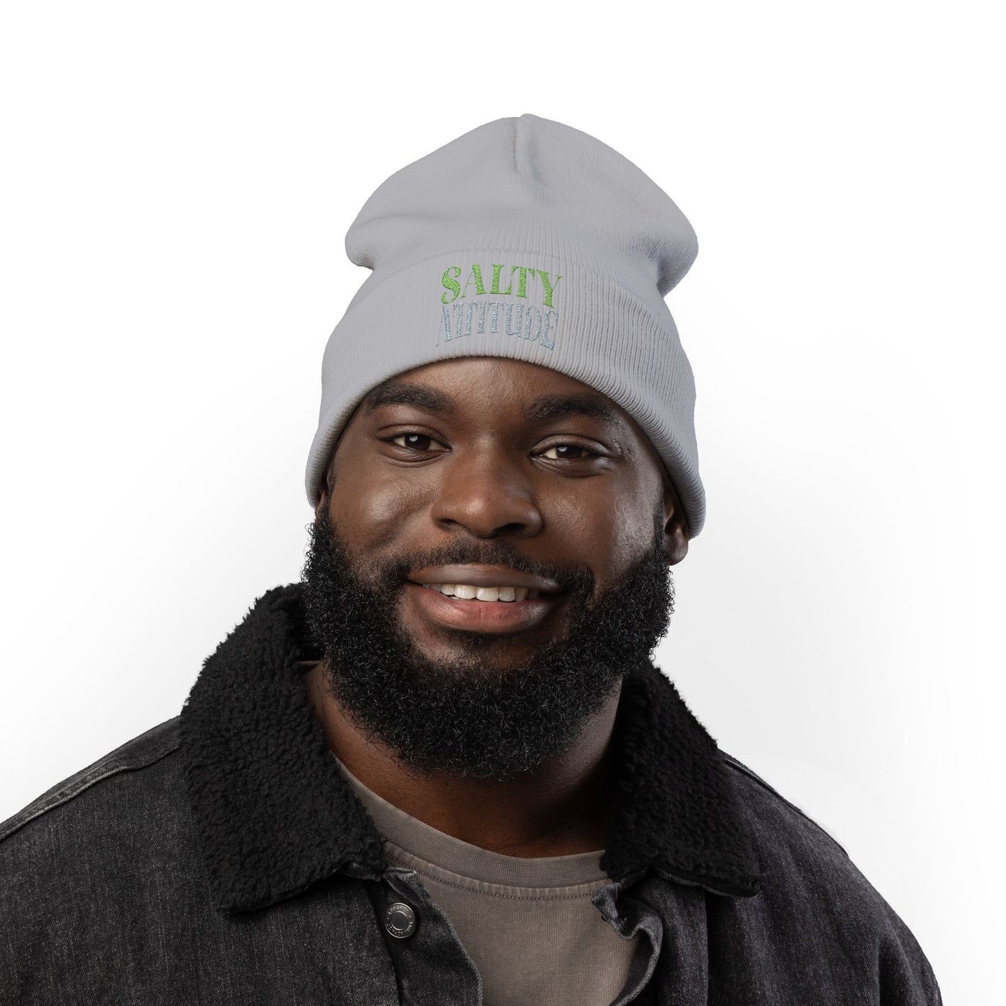 Embroidered Palm Wave Knit Beanie — Tropical Surf Cuffed Hat