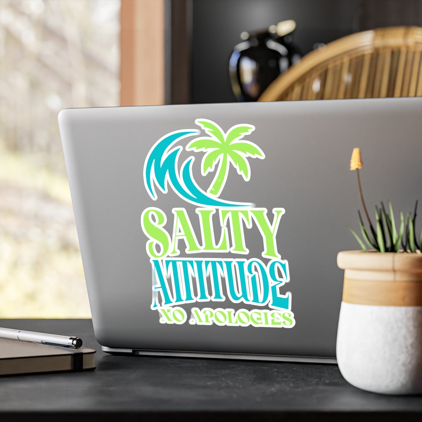 Salty Attitude Vinyl Sticker — Tropical Palm Wave "No Apologies" Kiss-Cut Decal
