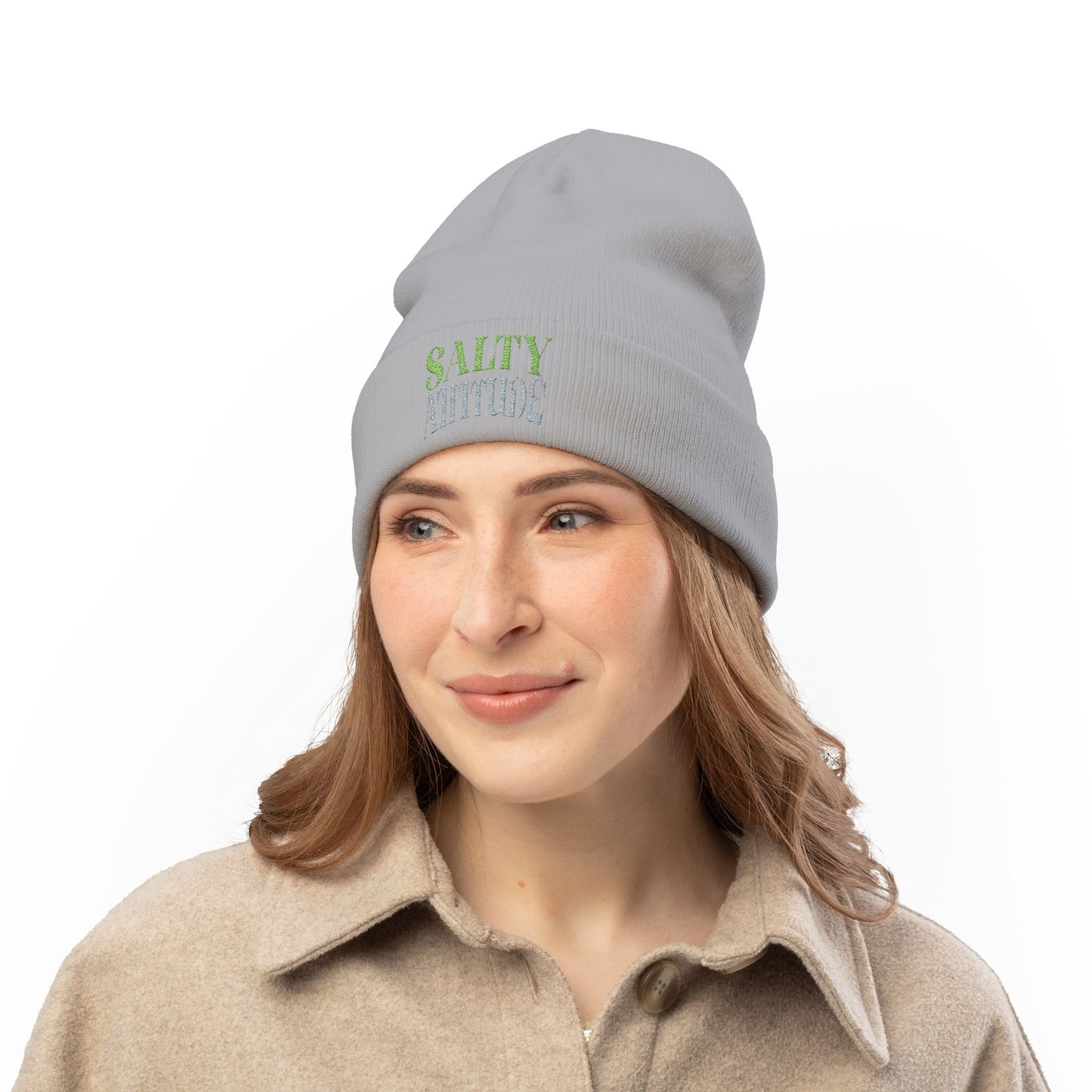 Embroidered Palm Wave Knit Beanie — Tropical Surf Cuffed Hat