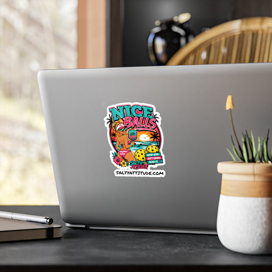 Kiss-Cut Vinyl Decal — 'Nice Balls' Pickleball Sticker (Beach Vibes, Retro Sunset)