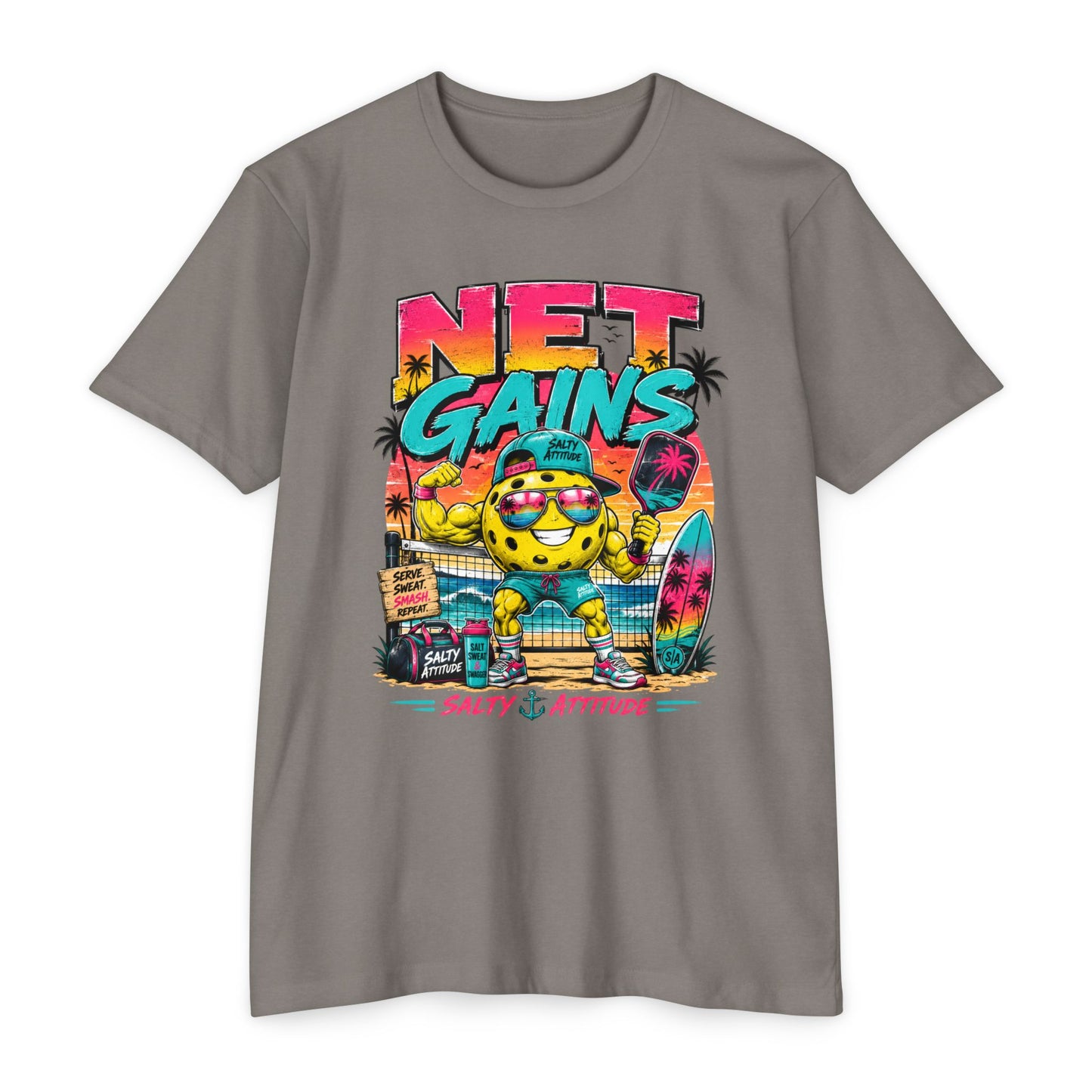 Net Gains Surf T-Shirt — 'Salty Attitude' Retro Beach Graphic Tee