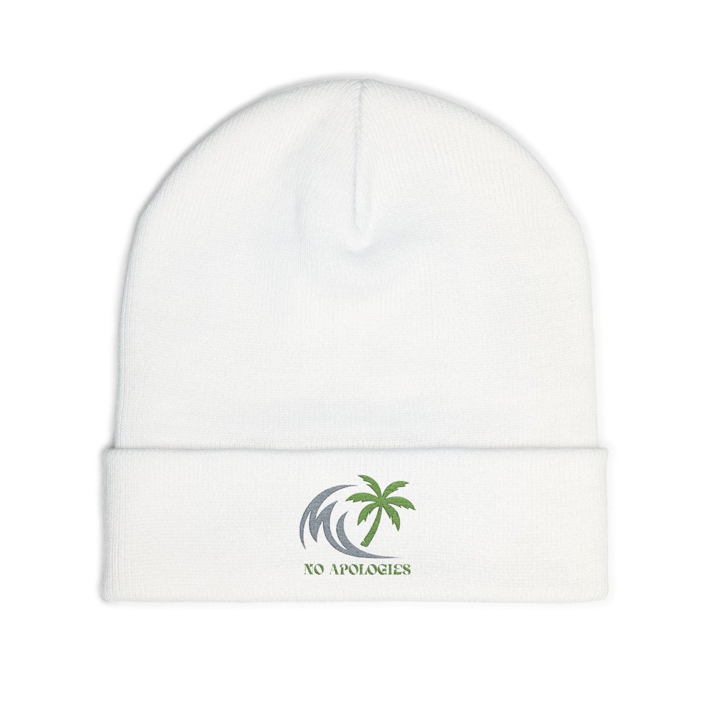 Embroidered Palm Wave Knit Beanie — Tropical Surf Cuffed Hat