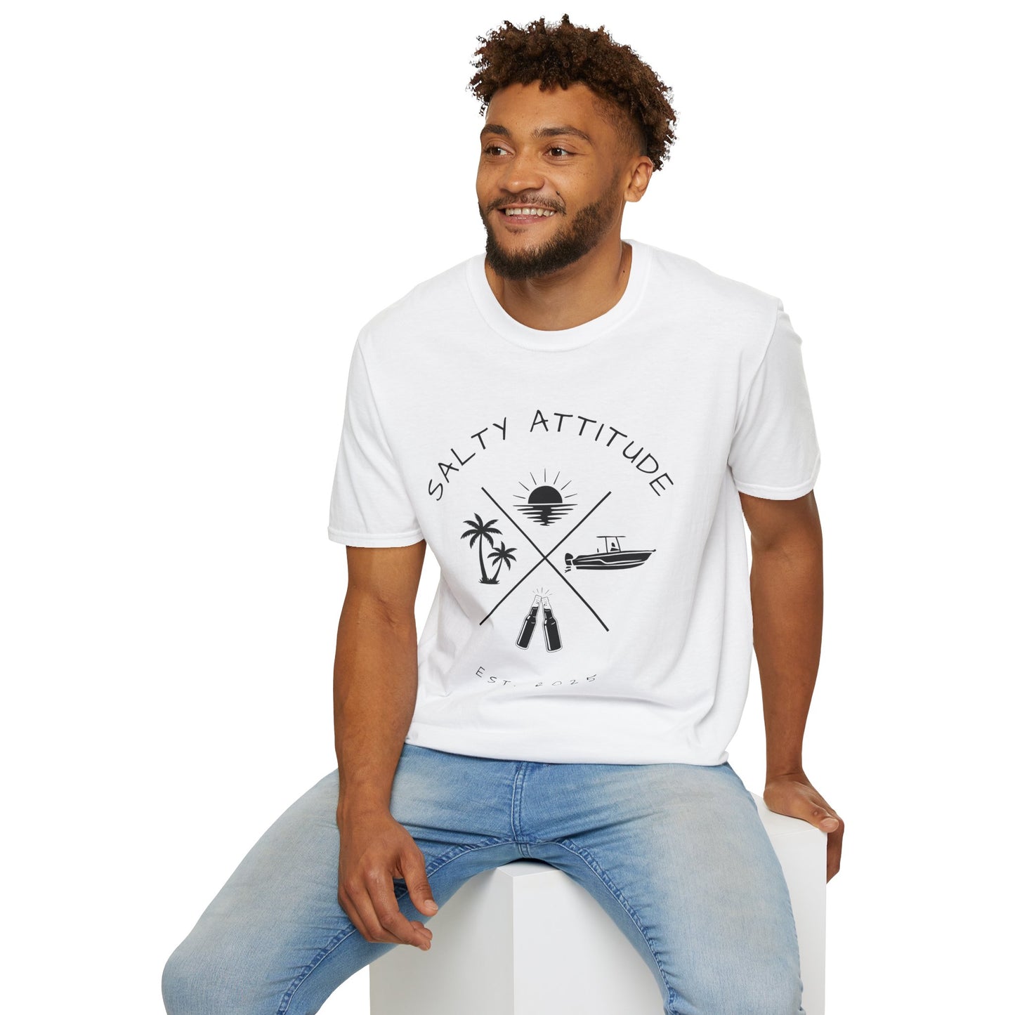 Salty Attitude Beach T-Shirt — Coastal Vacation Shirt with Boat & Palm Icons