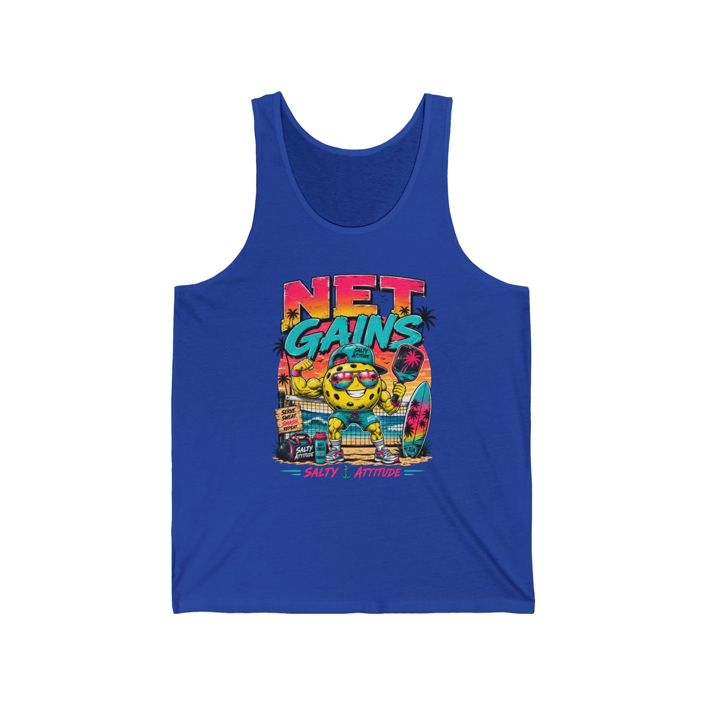 Net Gains Tank Top — Retro Beach Surf Workout Graphic Tank