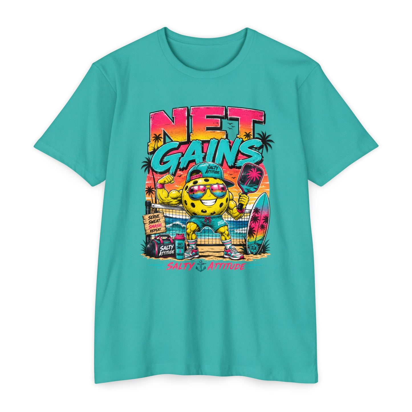 Net Gains Surf T-Shirt — 'Salty Attitude' Retro Beach Graphic Tee