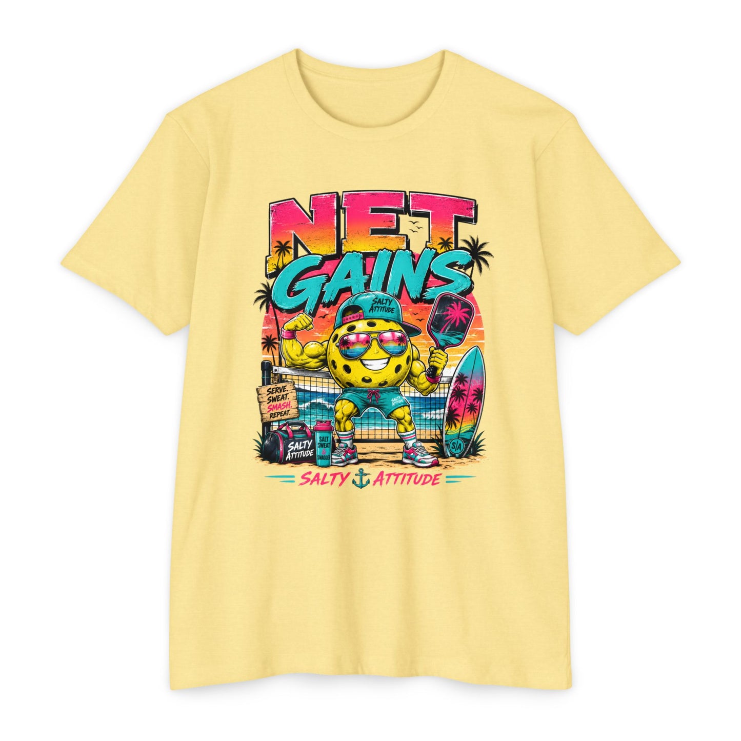 Net Gains Surf T-Shirt — 'Salty Attitude' Retro Beach Graphic Tee