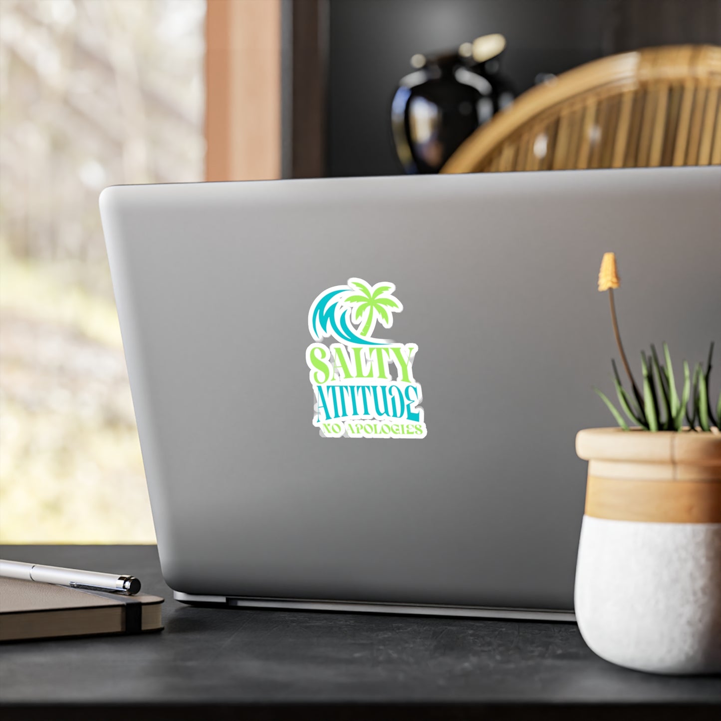 Salty Attitude Vinyl Sticker — Tropical Palm Wave "No Apologies" Kiss-Cut Decal