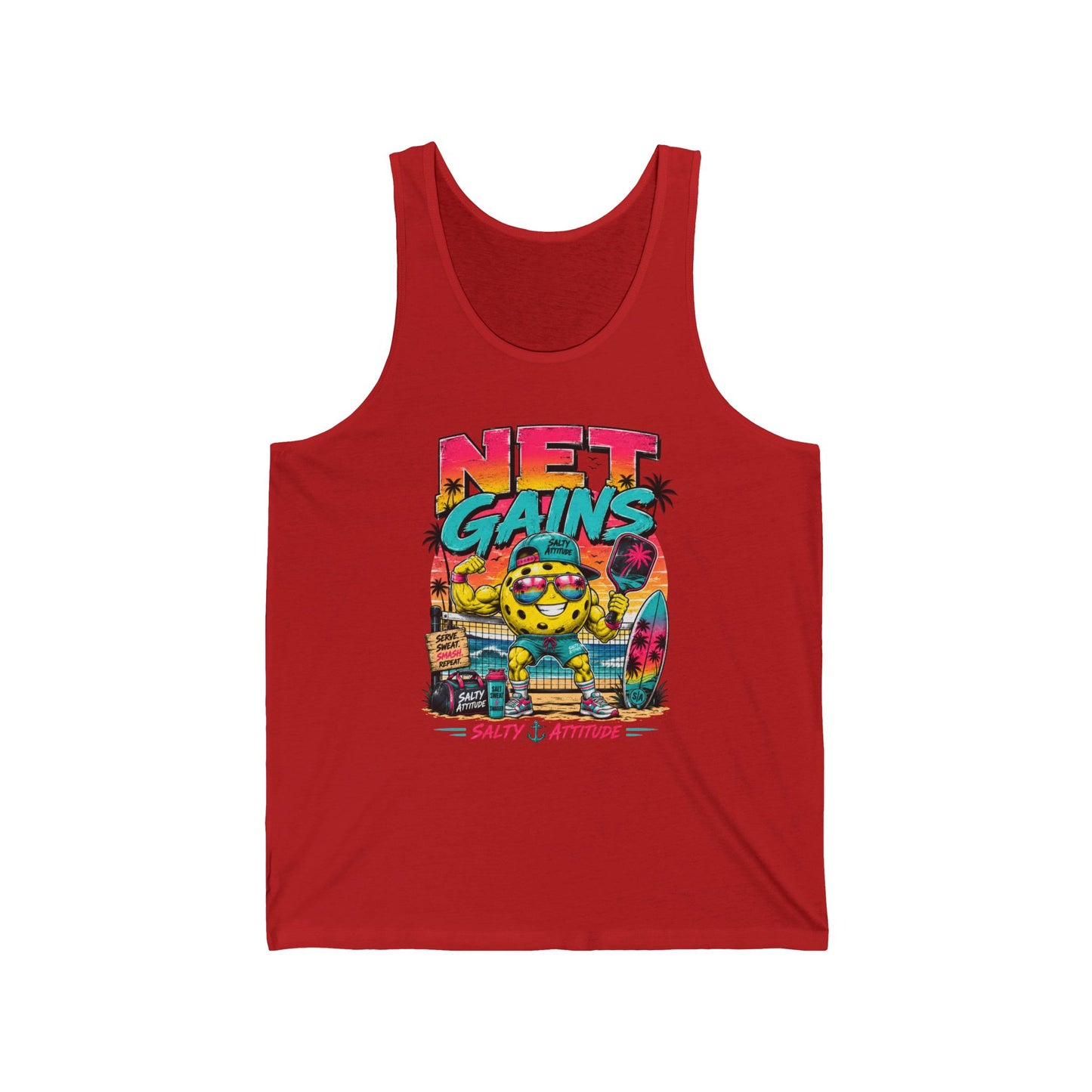 Net Gains Tank Top — Retro Beach Surf Workout Graphic Tank