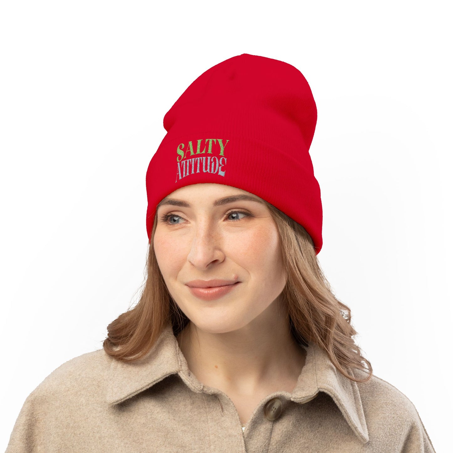 Embroidered Palm Wave Knit Beanie — Tropical Surf Cuffed Hat