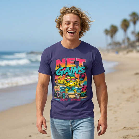 Net Gains Surf T-Shirt — 'Salty Attitude' Retro Beach Graphic Tee