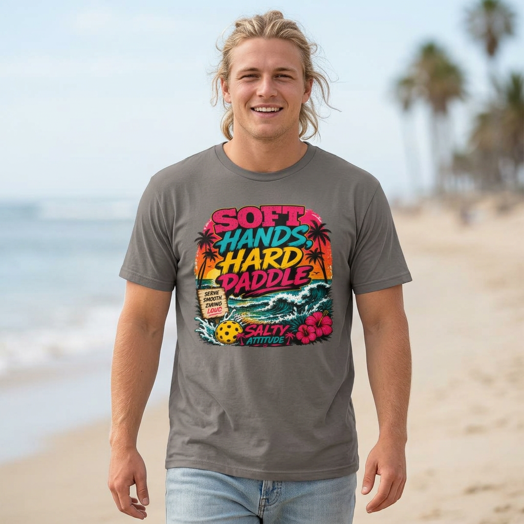T-Shirt — "Soft Hands Hard Paddle" Tropical Salty Attitude Surf Tee