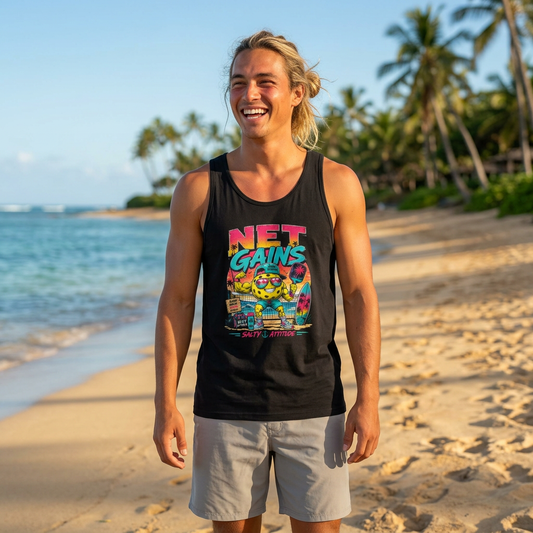 Net Gains Tank Top — Retro Beach Surf Workout Graphic Tank