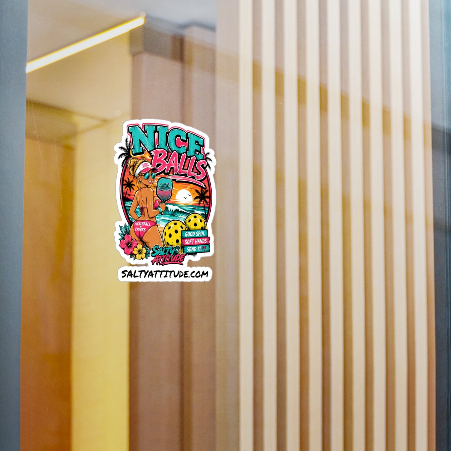 Kiss-Cut Vinyl Decal — 'Nice Balls' Pickleball Sticker (Beach Vibes, Retro Sunset)