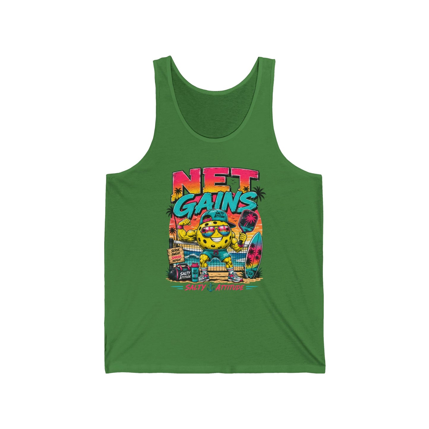 Net Gains Tank Top — Retro Beach Surf Workout Graphic Tank