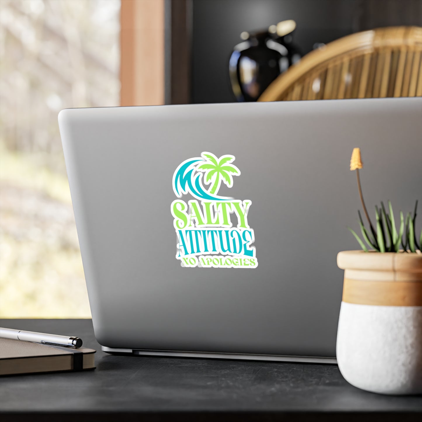 Salty Attitude Vinyl Sticker — Tropical Palm Wave "No Apologies" Kiss-Cut Decal