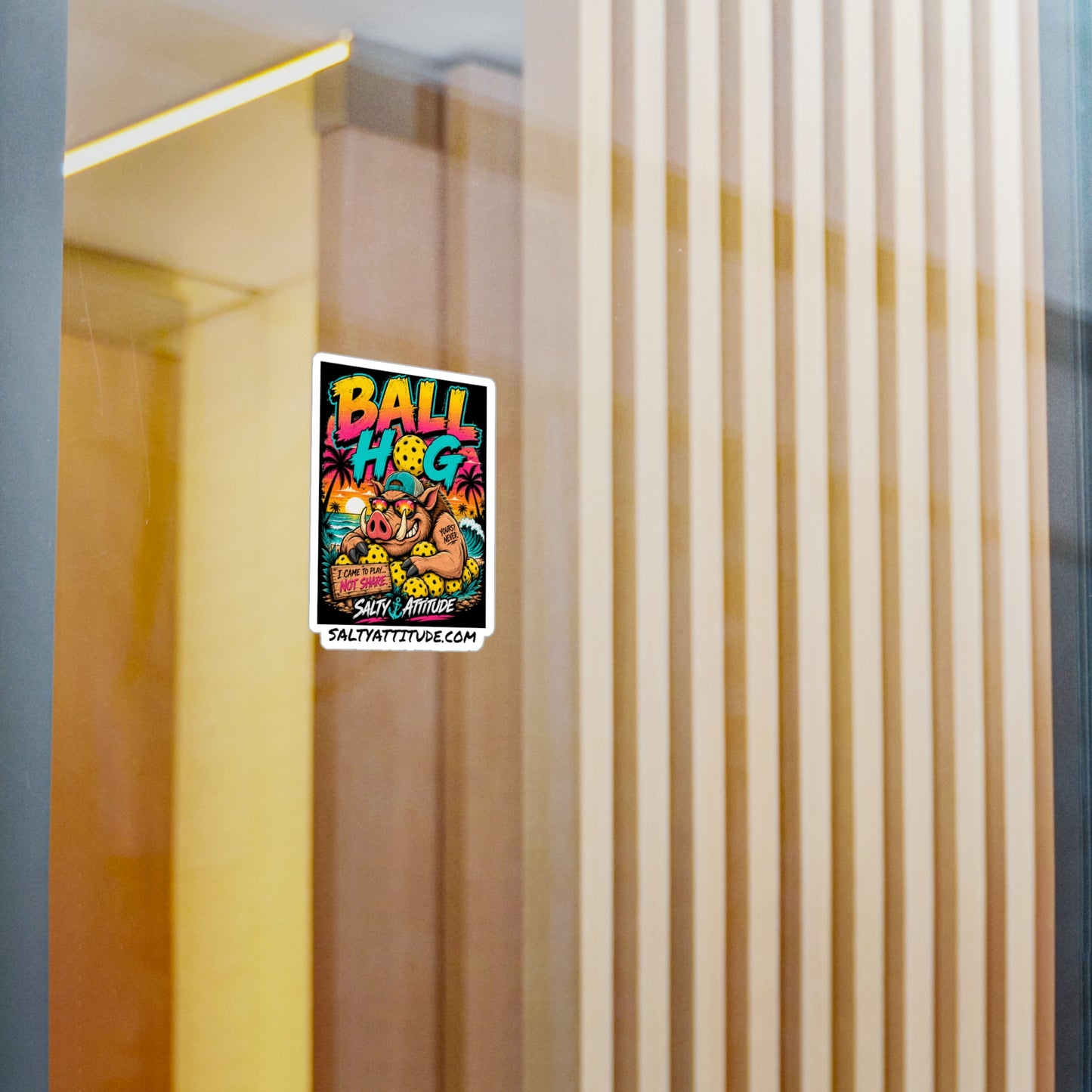 Ball Hog Pickleball Sticker — Retro Beach Boar Kiss-Cut Vinyl Decal