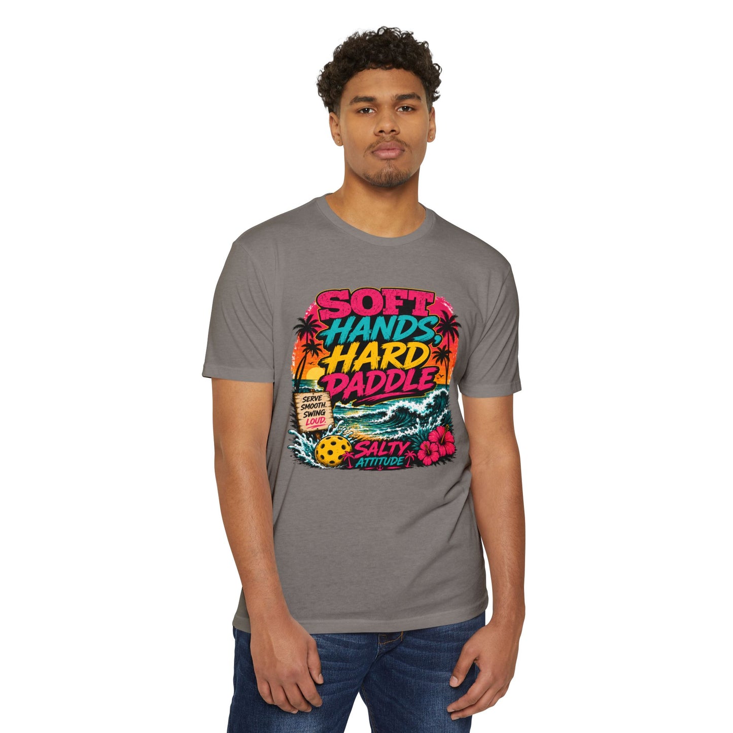 T-Shirt — "Soft Hands Hard Paddle" Tropical Salty Attitude Surf Tee