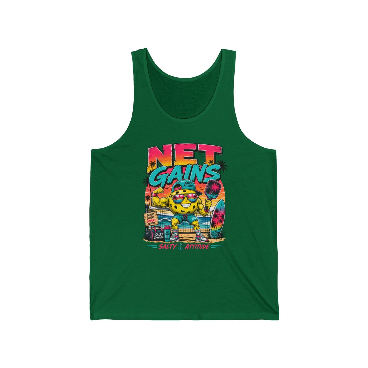 Net Gains Tank Top — Retro Beach Surf Workout Graphic Tank