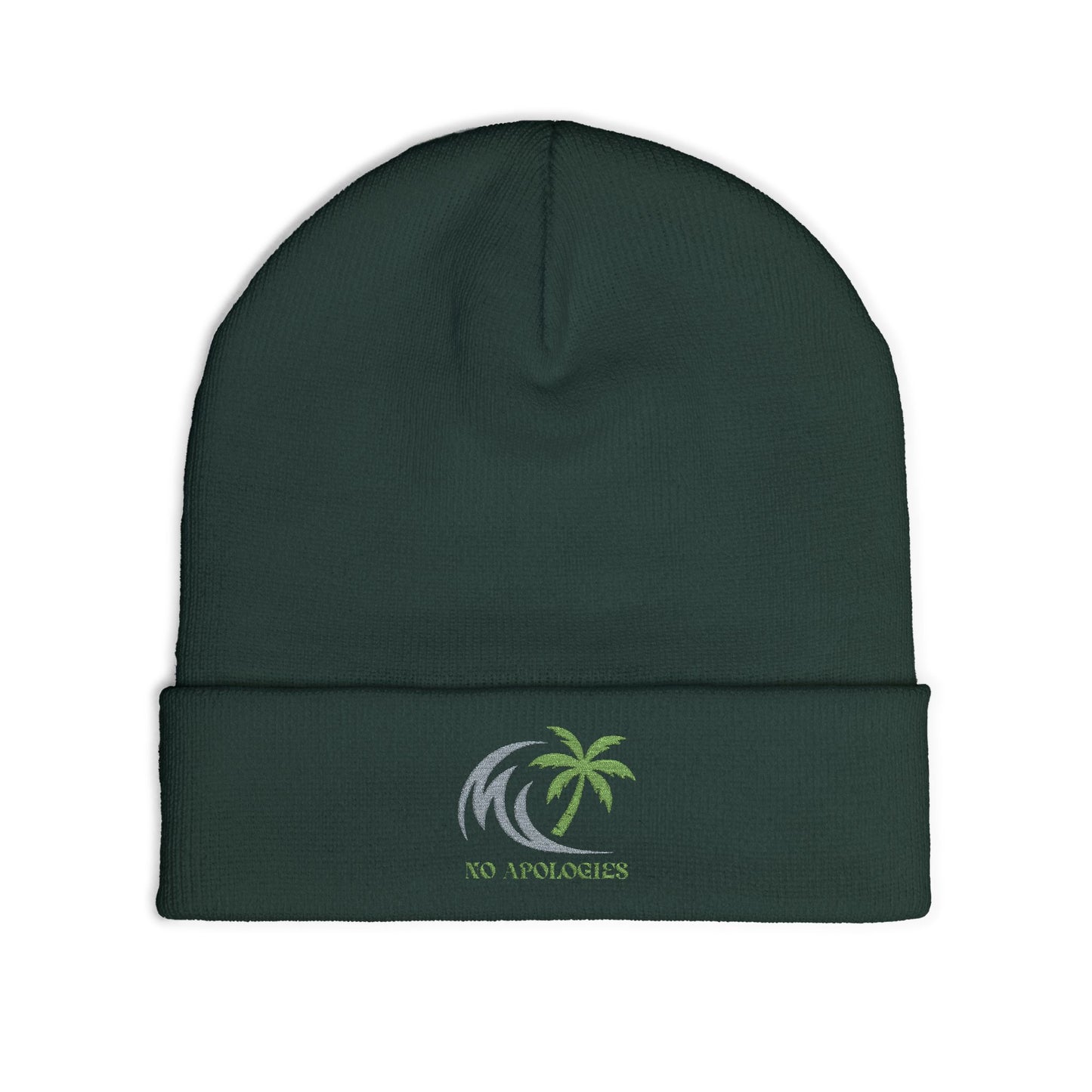 Embroidered Palm Wave Knit Beanie — Tropical Surf Cuffed Hat