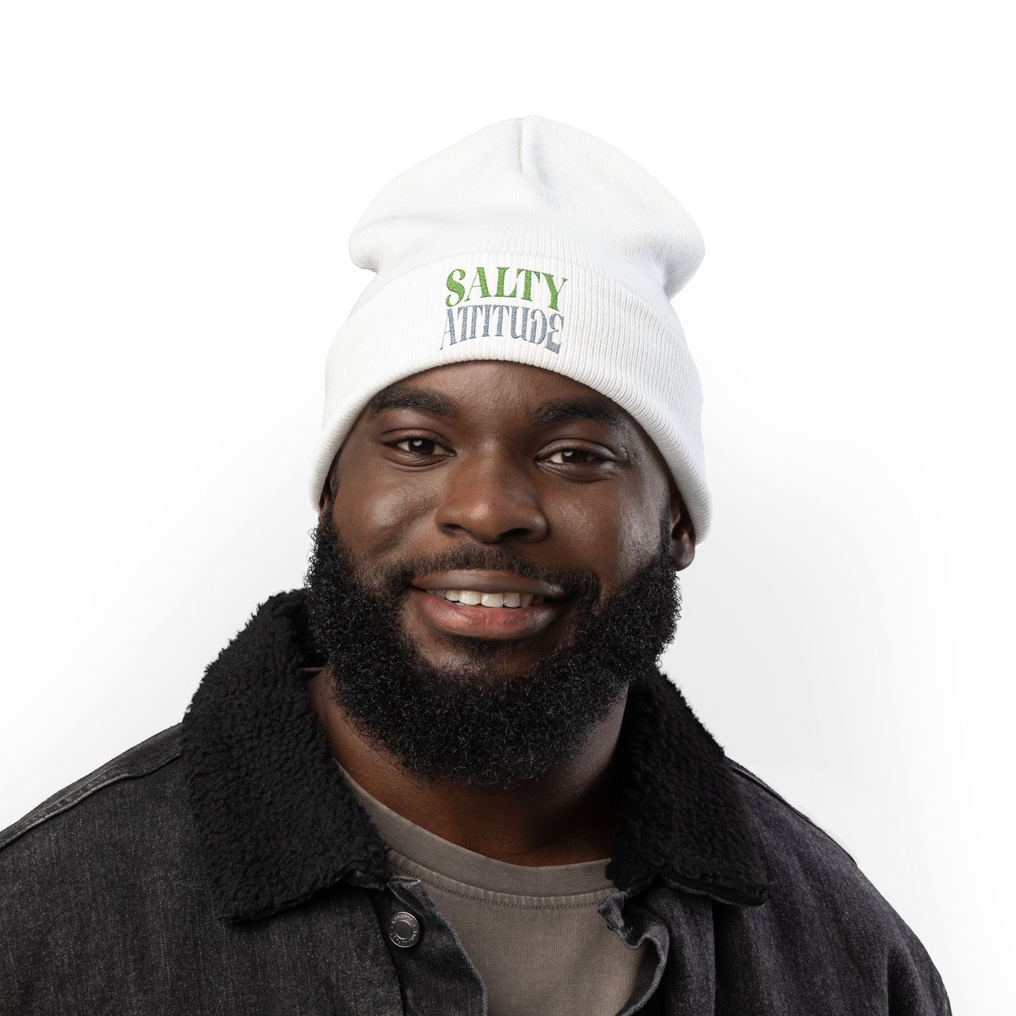 Embroidered Palm Wave Knit Beanie — Tropical Surf Cuffed Hat