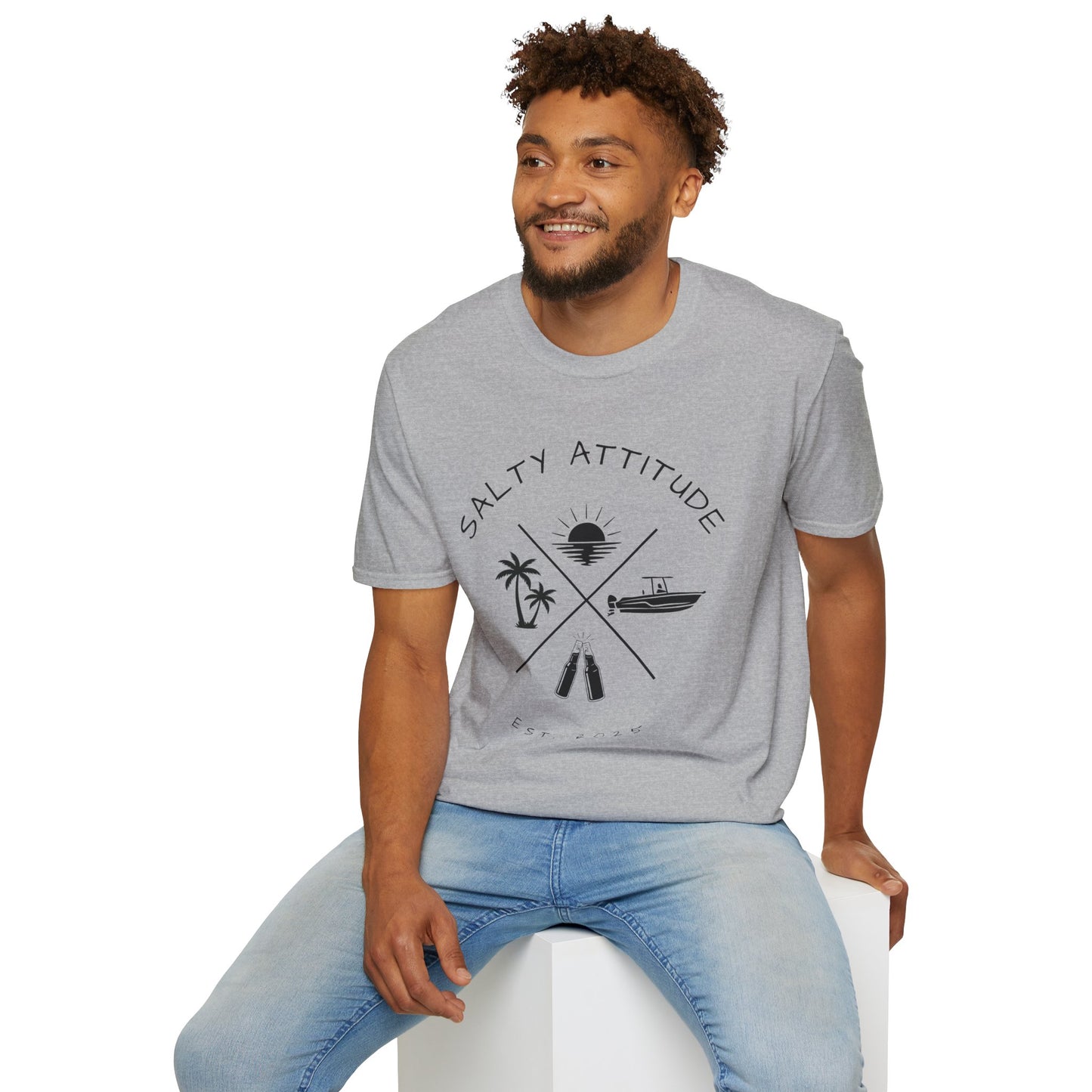 Salty Attitude Beach T-Shirt — Coastal Vacation Shirt with Boat & Palm Icons